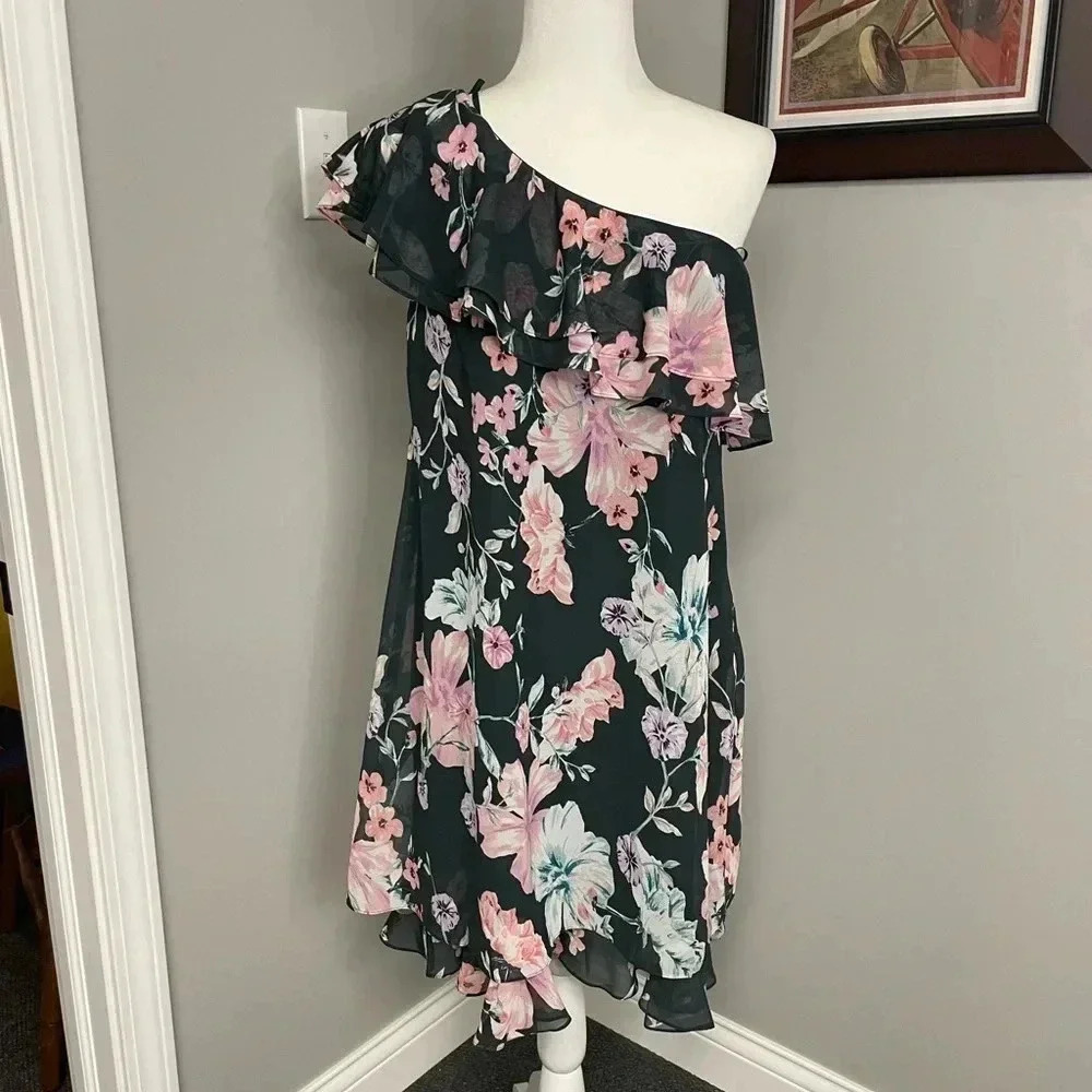 Eliza J Floral One Shoulder Ruffle Shift Dress NEW Green Pink Ruffle Feminine